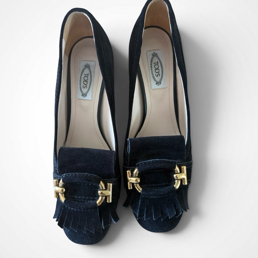 TOD'S  Black Suede Fringed Block Heeled Pump with Gold Tone Hardware Size 38